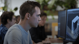 An animator working on 3D architectural rendering