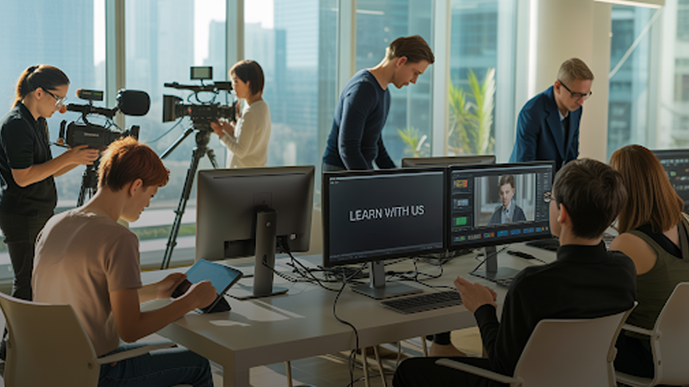 employees working on educational video production
