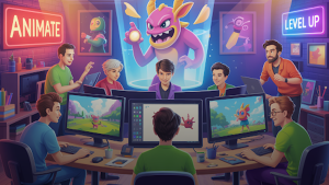 people in an animation studio working on a project people in an animation studio working on a project