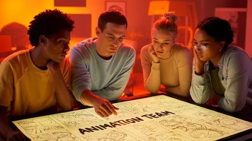Animators assessing a storyboard