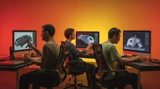 Animators working on hard surface modeling using different software tools