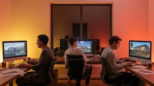Animators working on the architectural visualization process