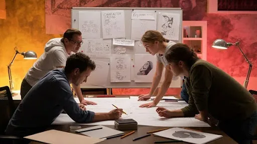 Animators working on the pre production phase of the 2D animation pipeline