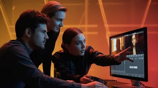 Professionals working on color grading