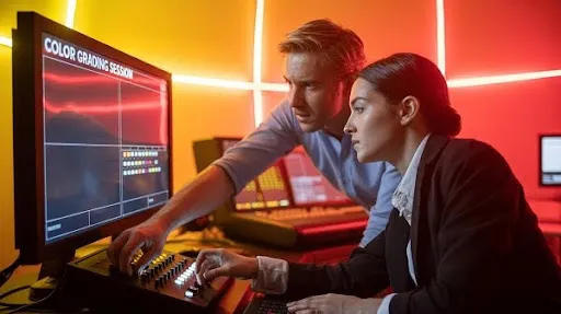 Professionals working on the color grading session