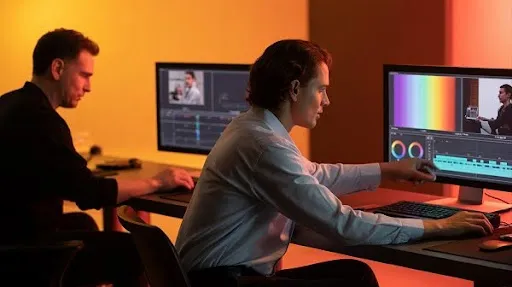 Video editors working on color correction on their videos