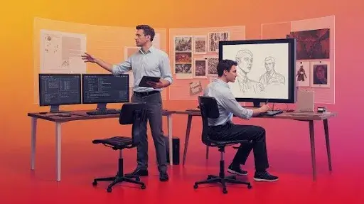 A game director and a creative director working side-by-side