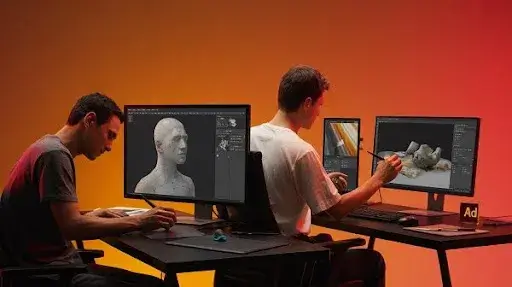Animators using software tools to work on 3D texturing