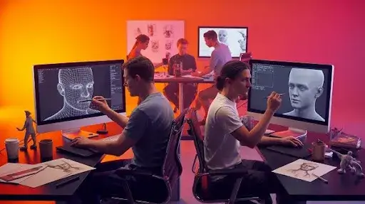 Animators working on a 3D sculpting workflow