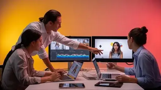 Professionals working on an intro video for top of the funnel