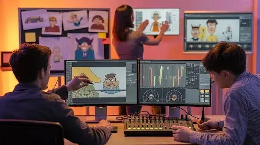 Professionals working on the visual and auditory elements of an explainer video Professionals working on the visual and auditory elements of an explainer video