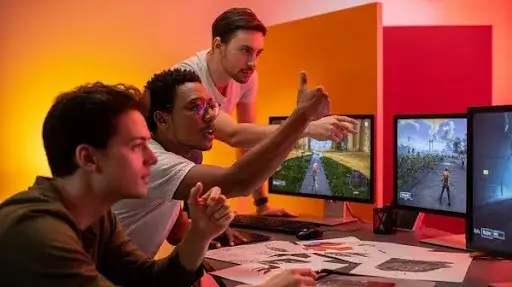 Game development professionals testing different camera angle setting for the gameplay