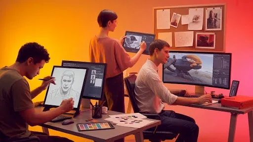 Professionals using different software tools in pre production in game art Professionals using different software tools in pre production in game art