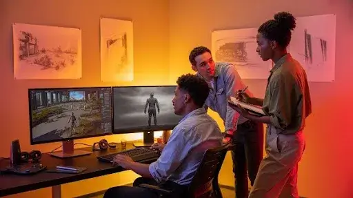 Professionals working on the visual gameplay