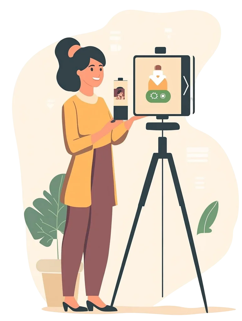 woman stands tripod with picture woman it