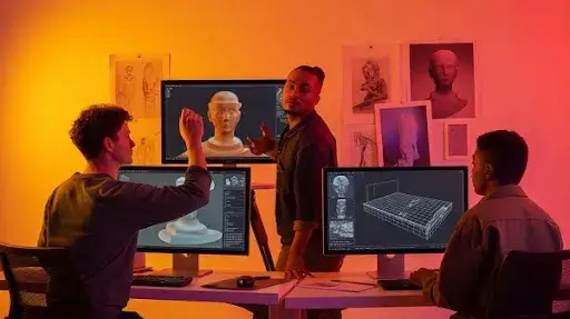 A professional explaining a 3D animation project to 3D artists A professional explaining a 3D animation project to 3D artists