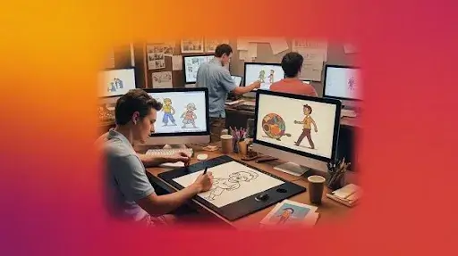 Animators working on the animation workflow process Animators working on the animation workflow process