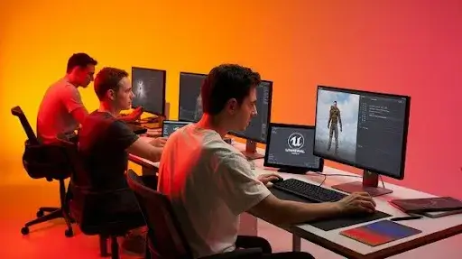 Professionals working on game development using Unreal Engine
