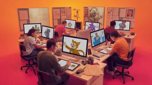 Animators working on different animated characters Animators working on different animated characters