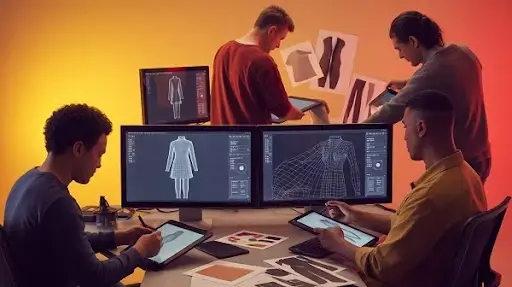 Experts working on different projects of clothing design Experts working on different projects of clothing design