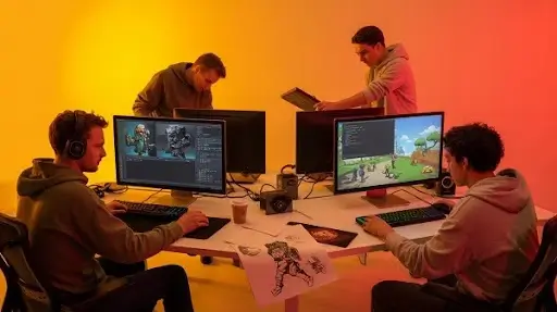 Game developers working on different game projects Game developers working on different game projects
