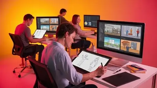 Professional animators at work creating animated explainer videos Professional animators at work creating animated explainer videos