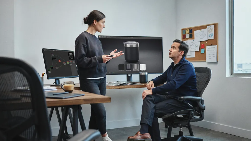  An animator discussing 3D product animation project details with a client.