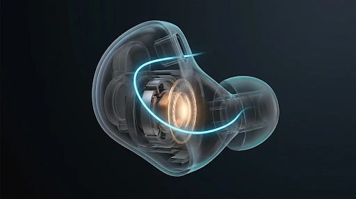 Stylized cross-section of an earbud showing airflow from the driver to a vent