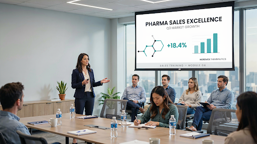 A sales representative explaining growth in a conference room using pharma sales training video