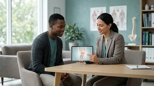 Clinician and patient watching a healthcare video on a tablet in a calm consultation room