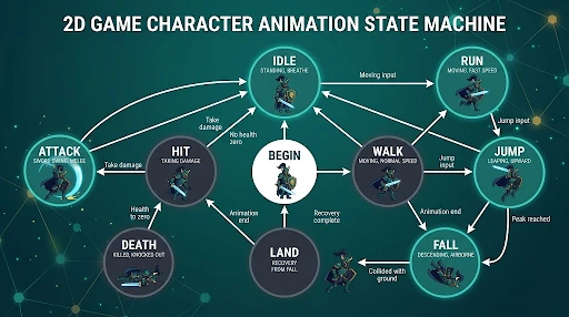Diagram of animation states for a 2D game character and the transitions between them