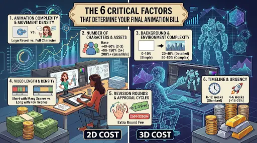 Infographic illustrating the 6 key factors that determine animation production costs.