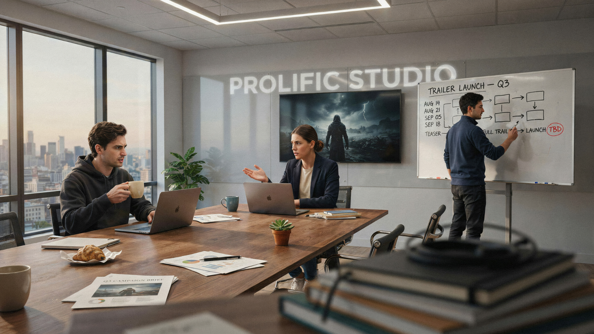 Professionals figuring out the strategy of launching a game trailer.