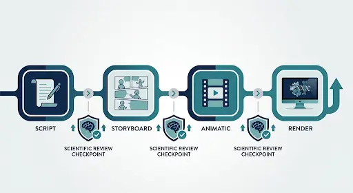 Four-stage animation workflow with scientific review checkpoints between each stage